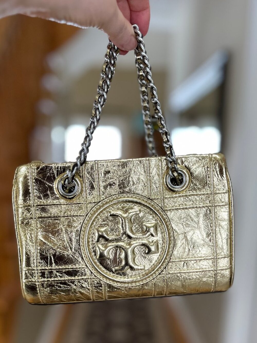 Tory Burch Mini Fleming Soft Metallc Chain quilted tote bag - Authentic